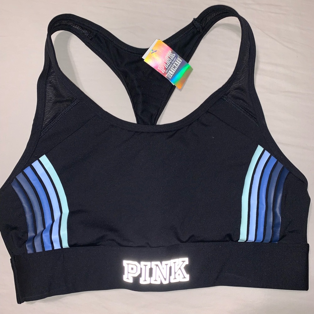 NWT PINK sports bra blue rainbow detail